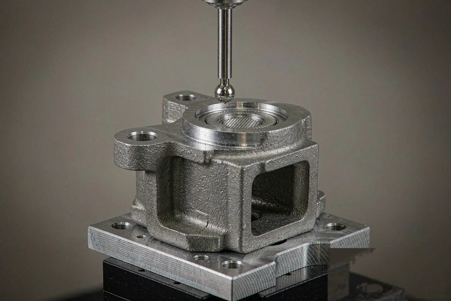 3d printing vs casting comparison — a CMM probe inspecting a machined cast metal part on a fixture