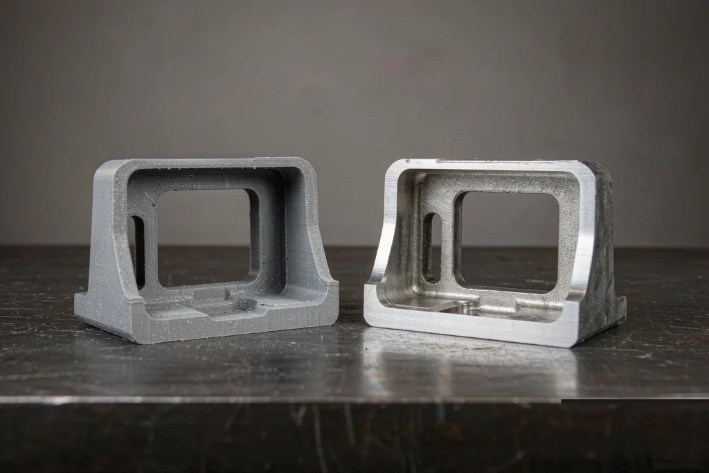 3d printing vs casting cover: a polymer printed prototype beside a finished cast metal component