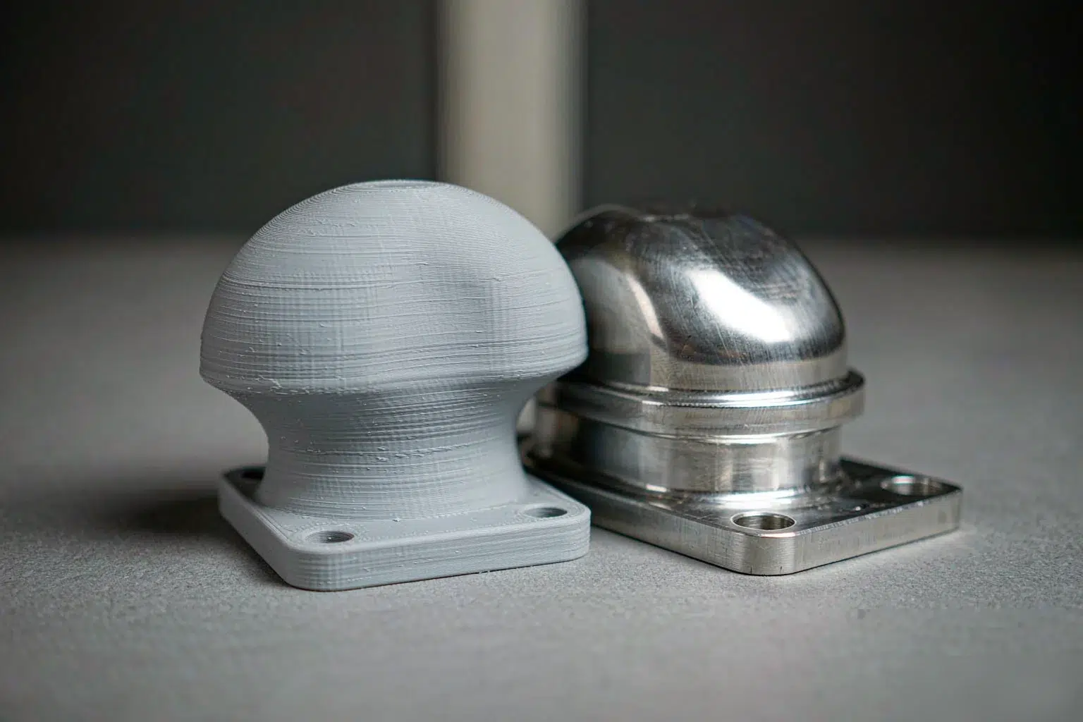 3d printing vs casting — a polymer printed prototype placed beside a finished cast metal component on an inspection bench