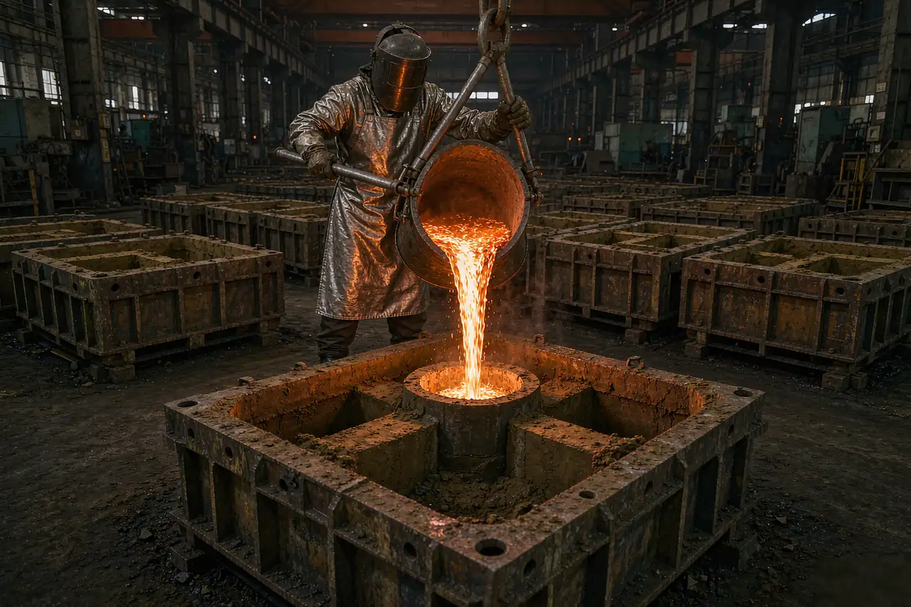 Fonte grise vs fonte ductile : coulée de métal en fusion dans des moules en sable dans une fonderie