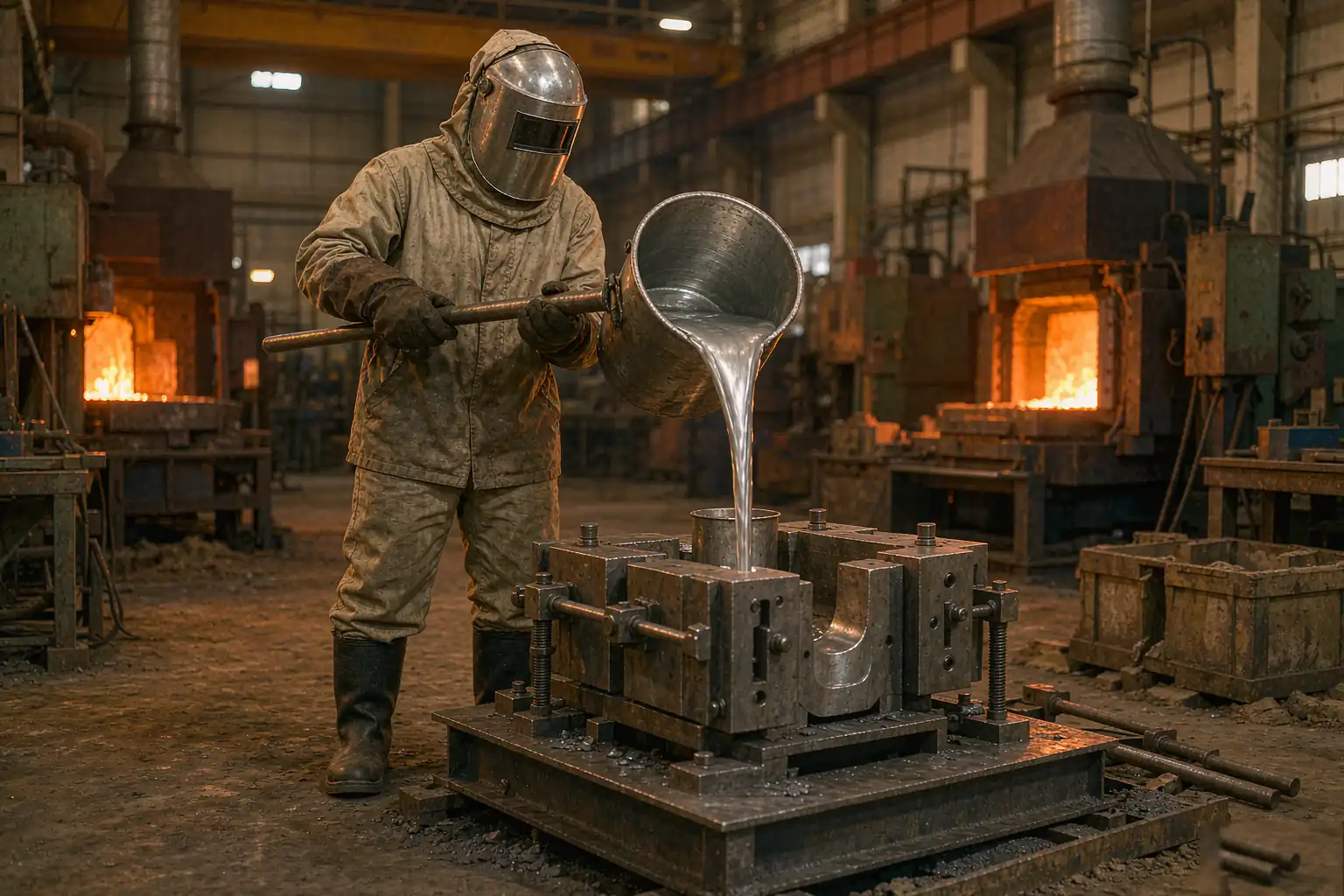 aluminum casting alloys molten metal pouring into a mold during production