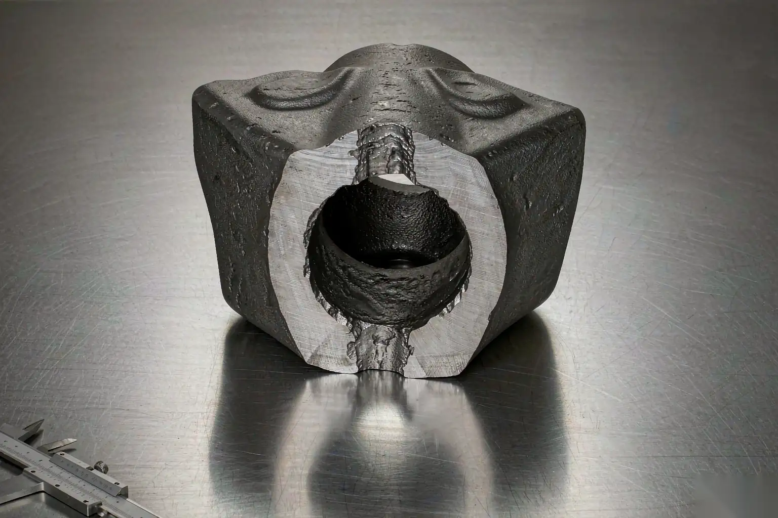 casting simulation engineer inspecting a sectioned metal casting on a bench