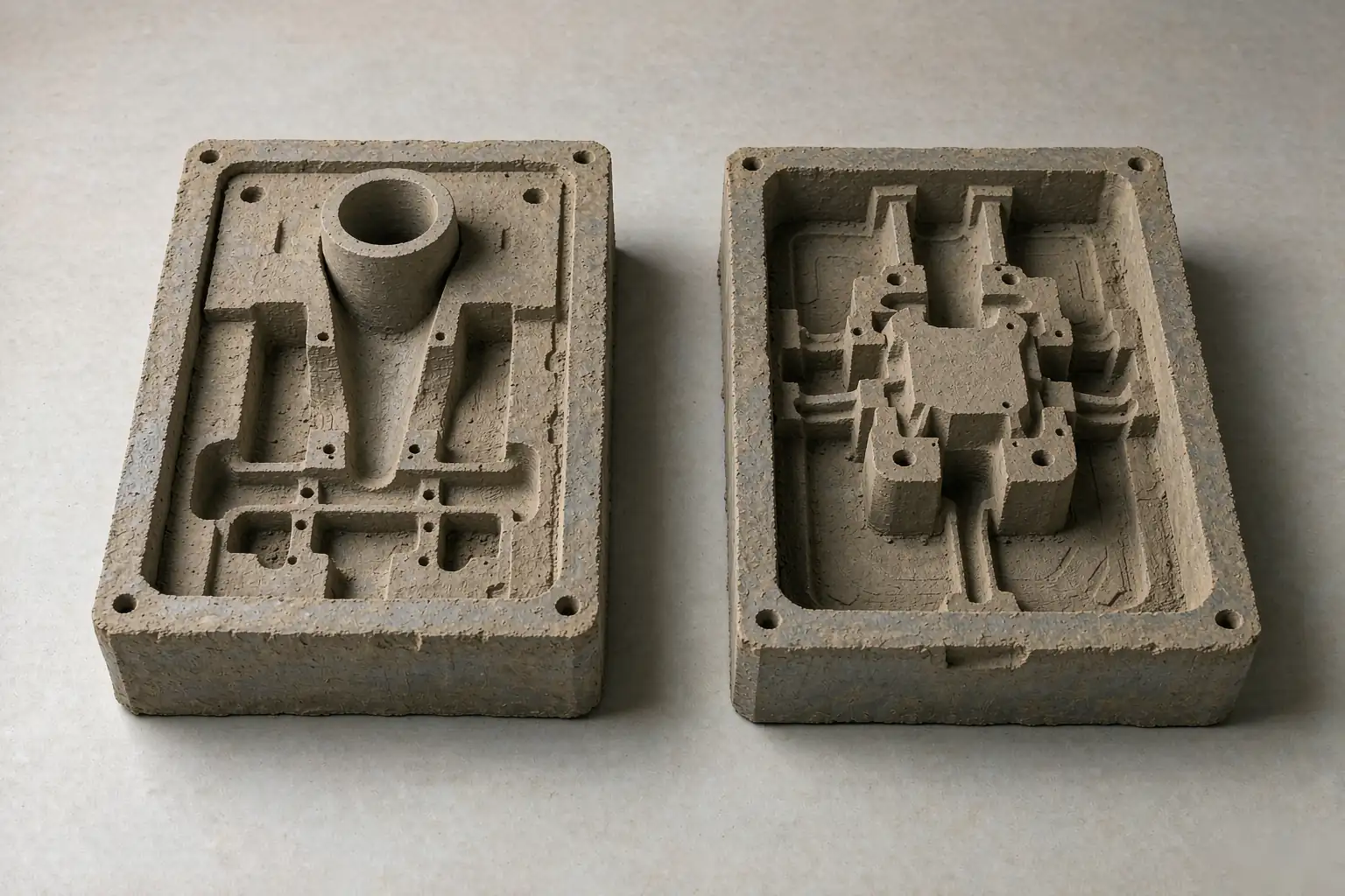 casting simulation setup with sand mold halves, sprue and core on a foundry bench
