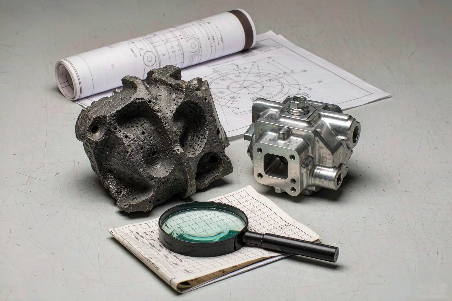 casting RFQ package with 2D drawing, casting sample and inspection report on a bench