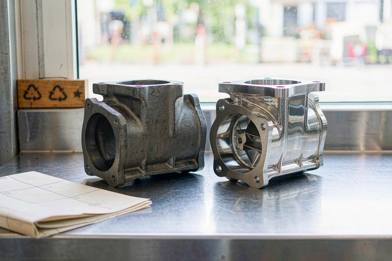 Casting payment terms documents beside a raw and a machined ductile iron pump housing