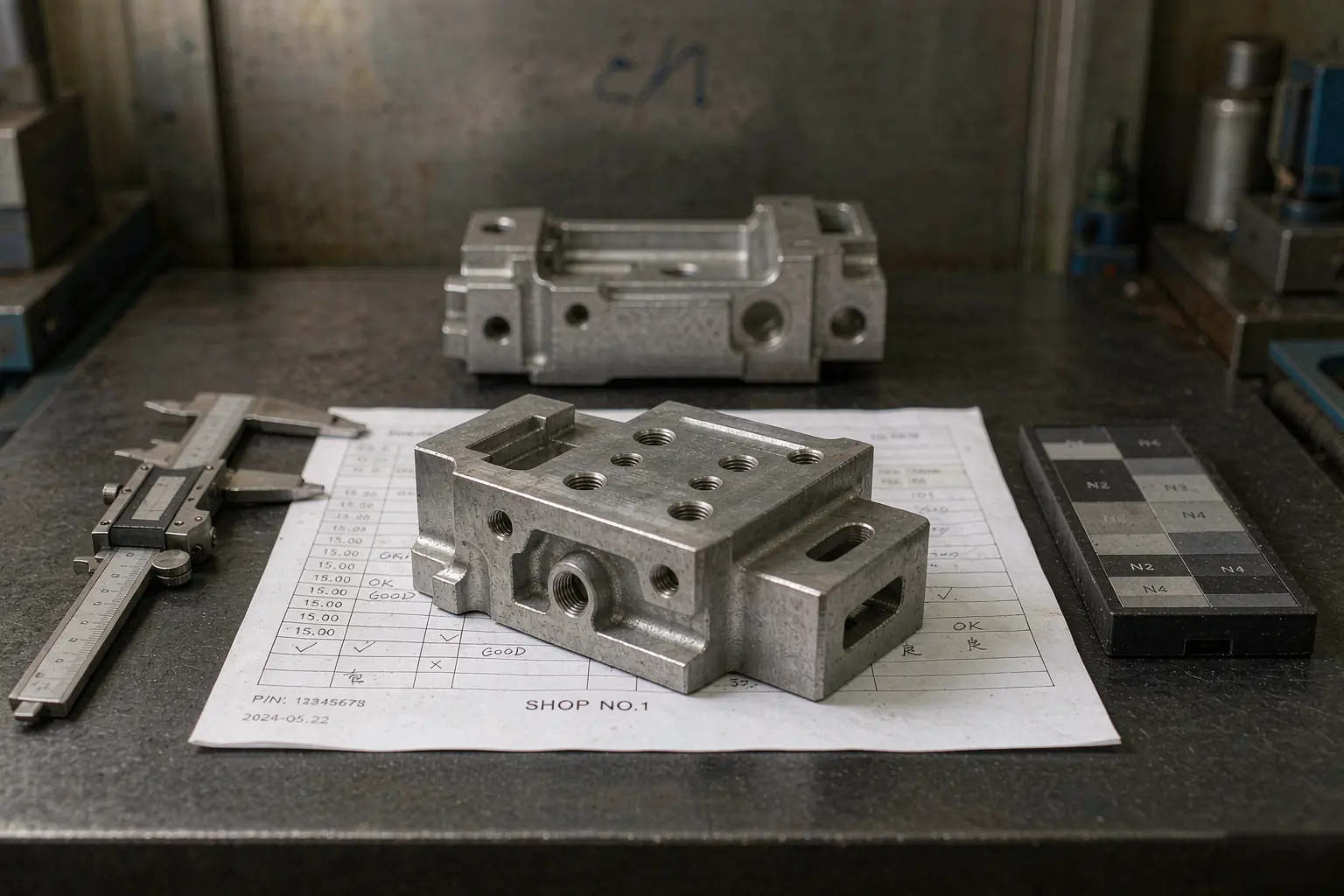 Casting payment terms review with a printed inspection report, a caliper and two machined metal castings