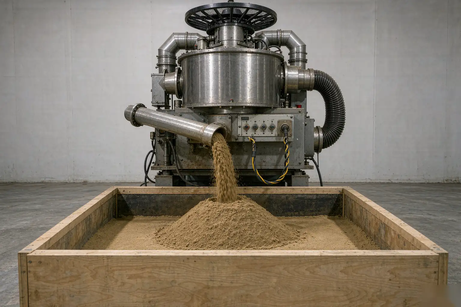 resin sand casting continuous mixer pouring bonded sand into molding flask