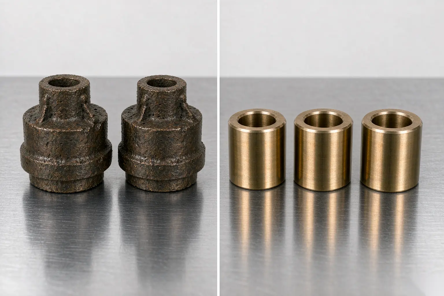 bronze casting finished parts versus raw cast bronze blanks on a workbench