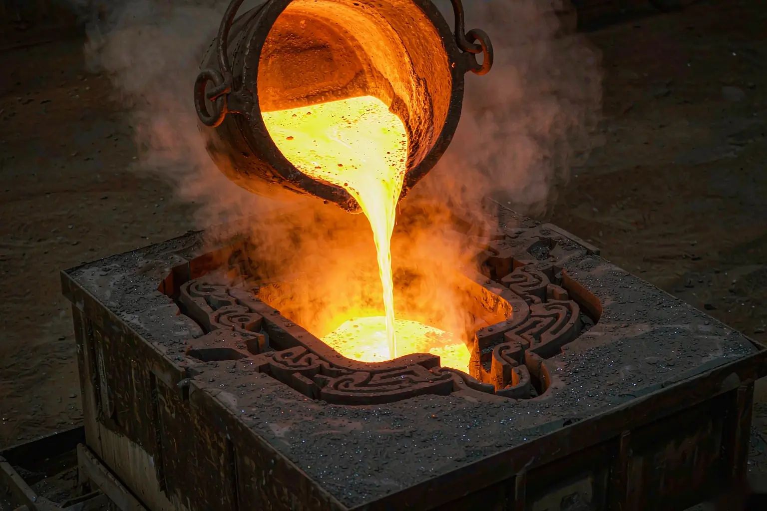 bronze casting pouring molten bronze into a sand mould in a foundry