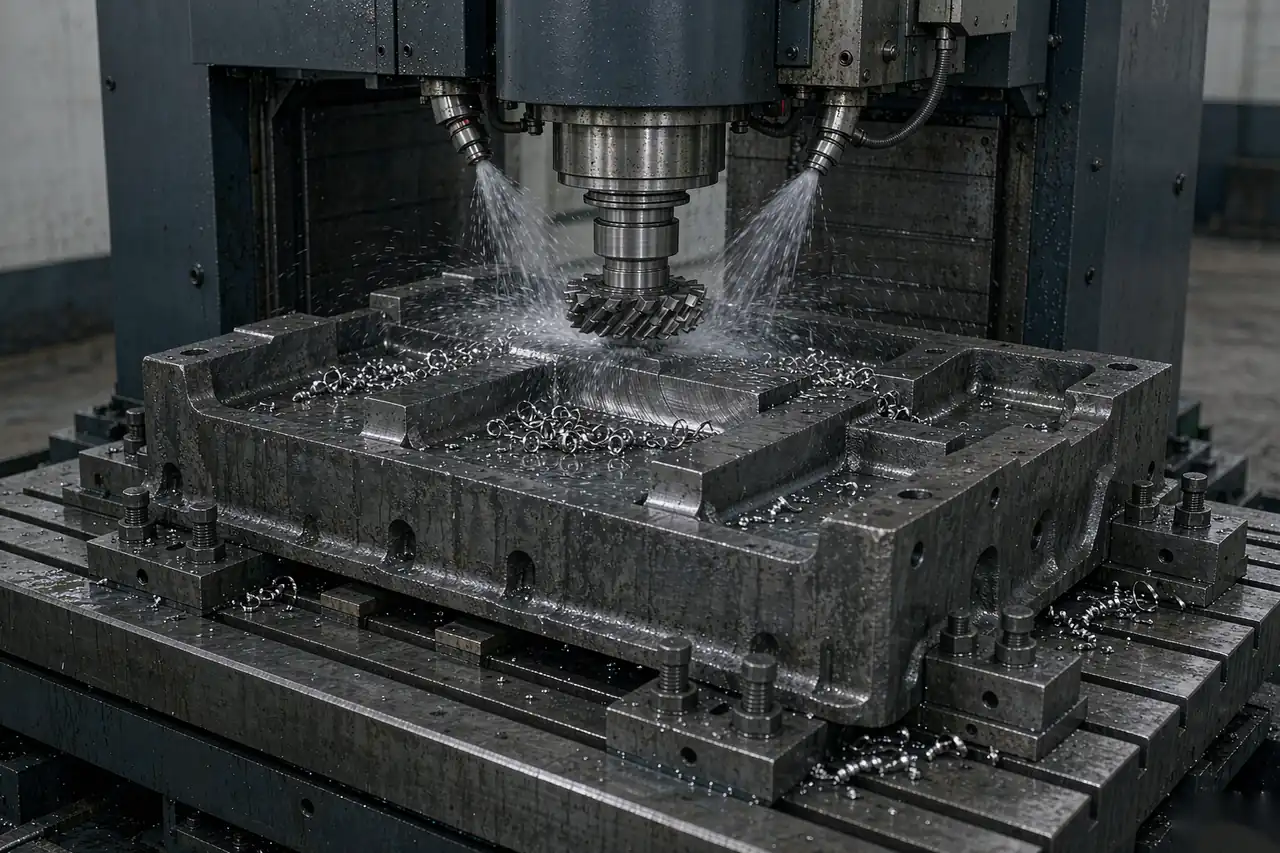 casting machining allowance in production: CNC face milling a gray iron casting pad on a machining centre