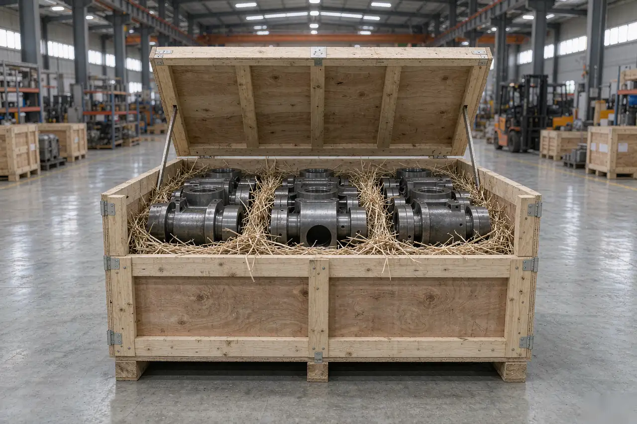 casting lead time shipment stage: finished castings packed in a wooden export crate ready for freight