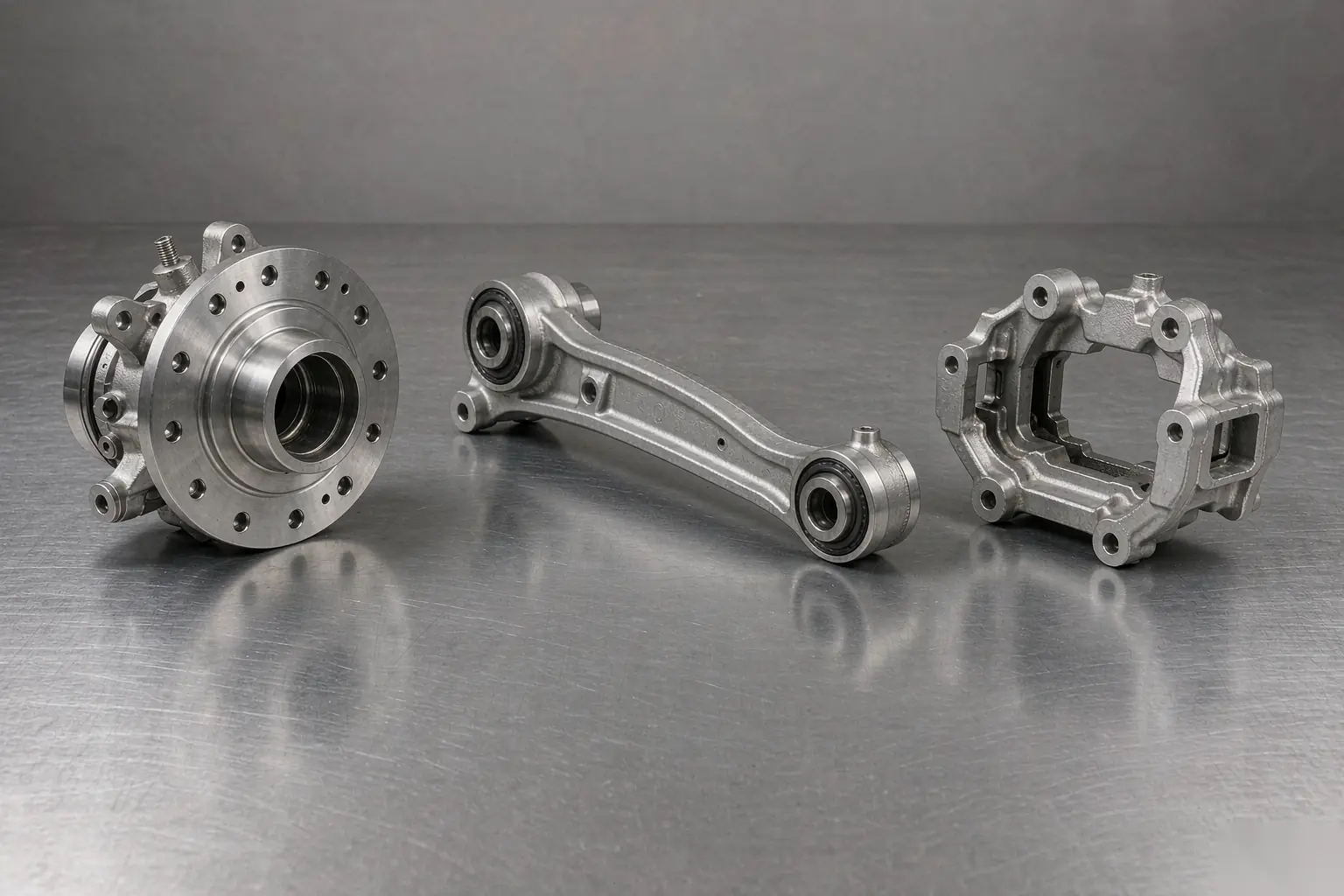 squeeze casting automotive aluminum suspension components arranged on inspection bench