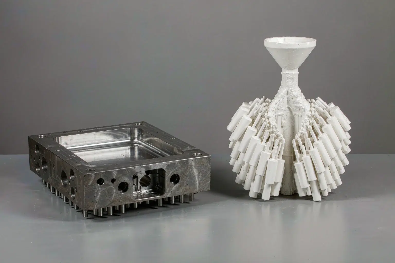 die casting vs investment casting process comparison: a hardened steel die casting die half beside an assembled investment casting wax tree