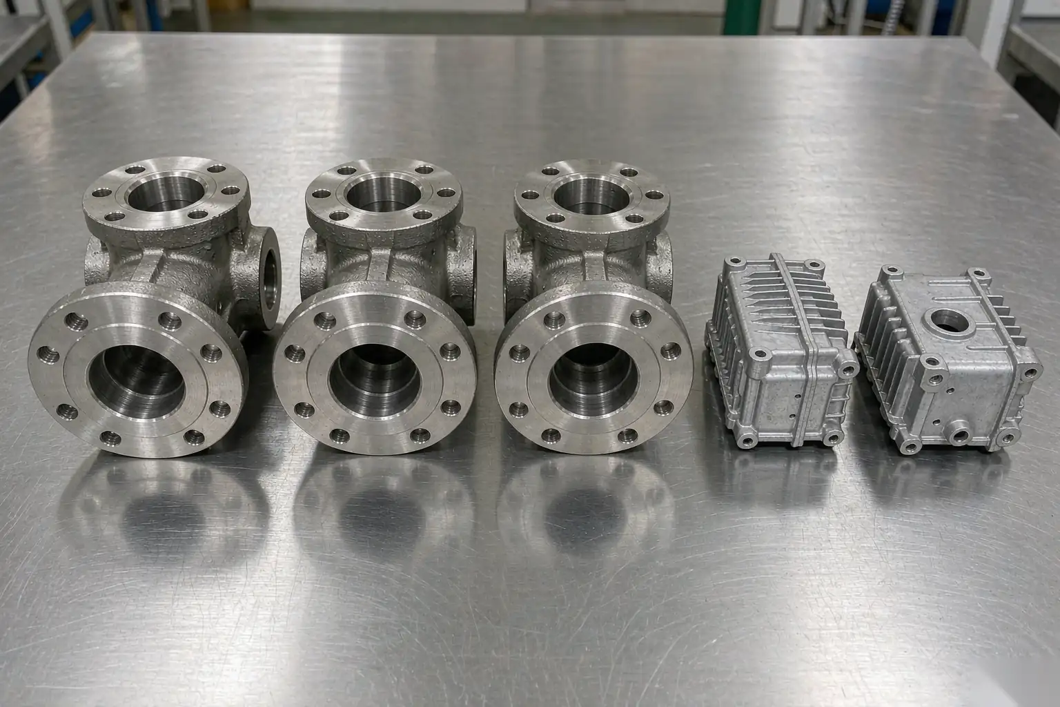 die casting vs investment casting output: investment-cast CF8M stainless valve bodies with cored ports next to thin-wall aluminium die cast housings on an inspection bench