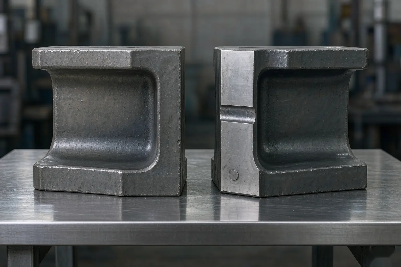 cast steel grades comparison with a carbon steel sand casting bracket beside a quenched and tempered low-alloy steel casting on a steel bench