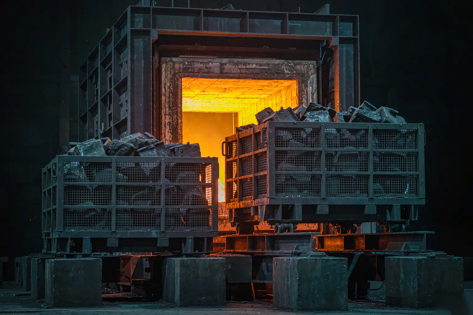 cast steel grades heat treatment with loaded quench and temper furnace baskets of steel castings