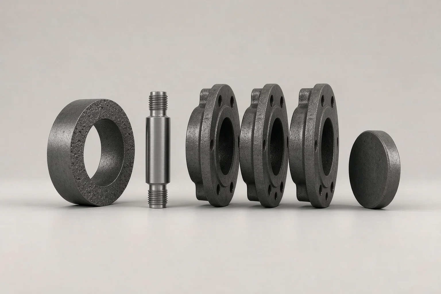 casting first article inspection material samples: gray iron cast valve bodies, sectioned wall sample, tensile test bar and Brinell hardness block