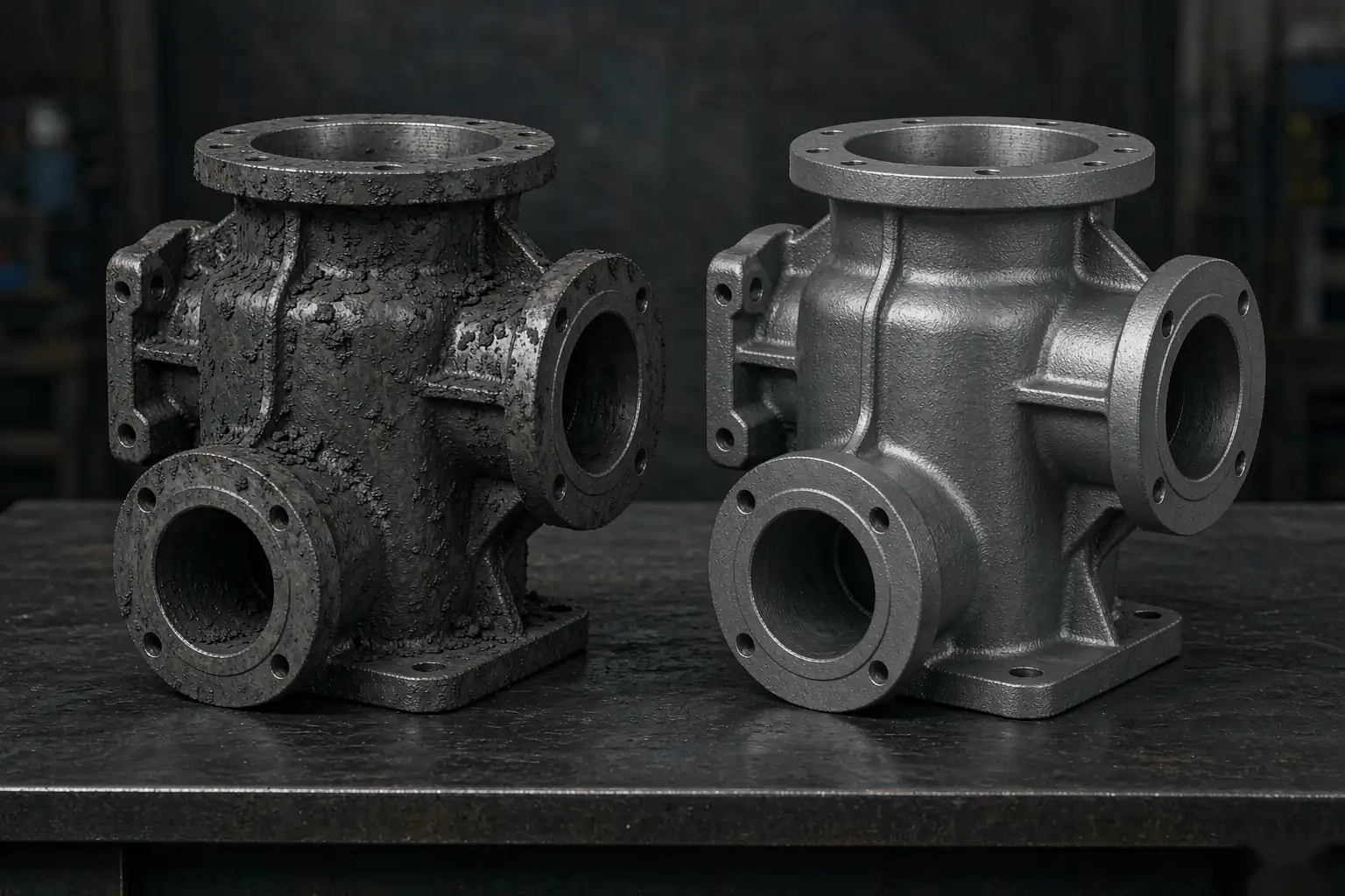 green sand casting as-cast housing with adhering sand beside cleaned finished casting