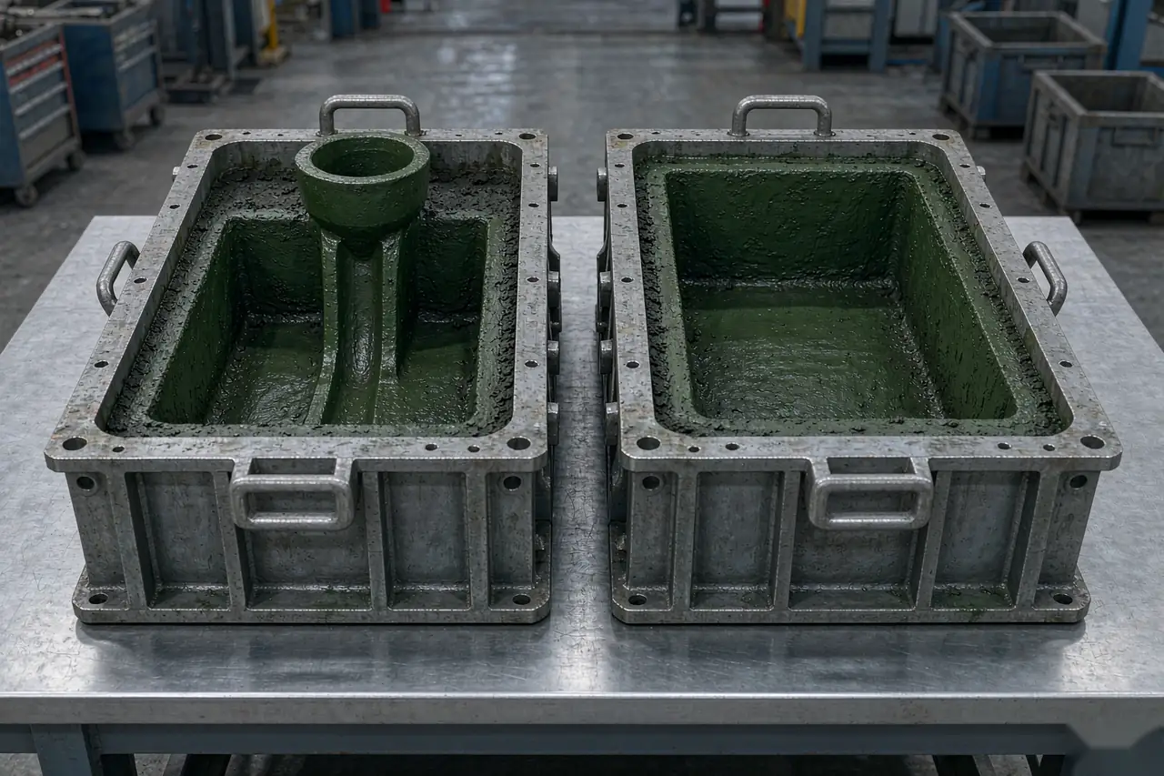 green sand casting mold halves with ductile iron pump housing cavity on molding line