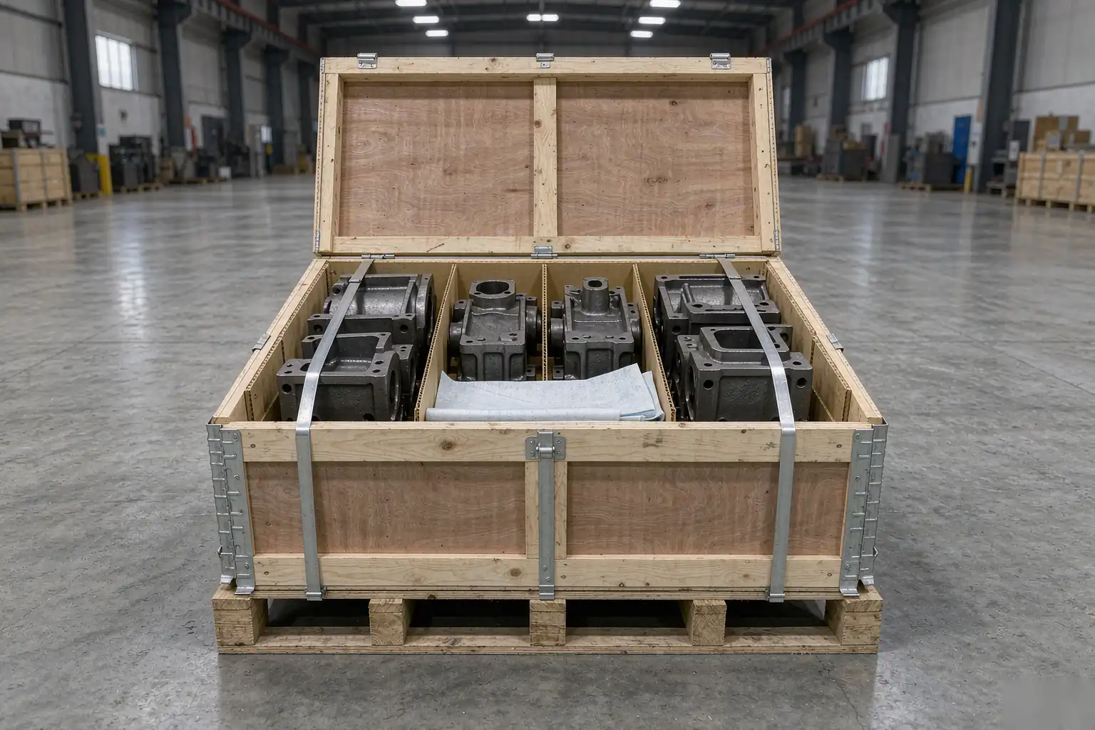 casting packaging export crate with gray iron castings secured on a wooden pallet