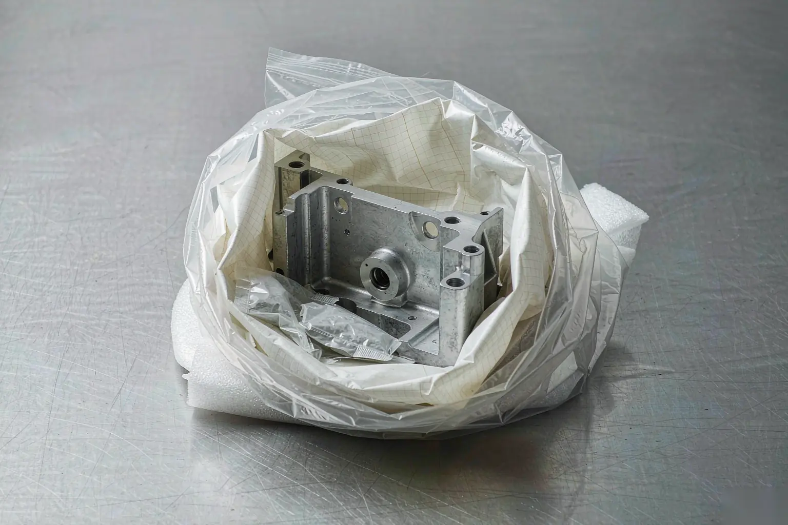 casting packaging VCI paper and desiccant sachets protecting a machined aluminum casting on a bench