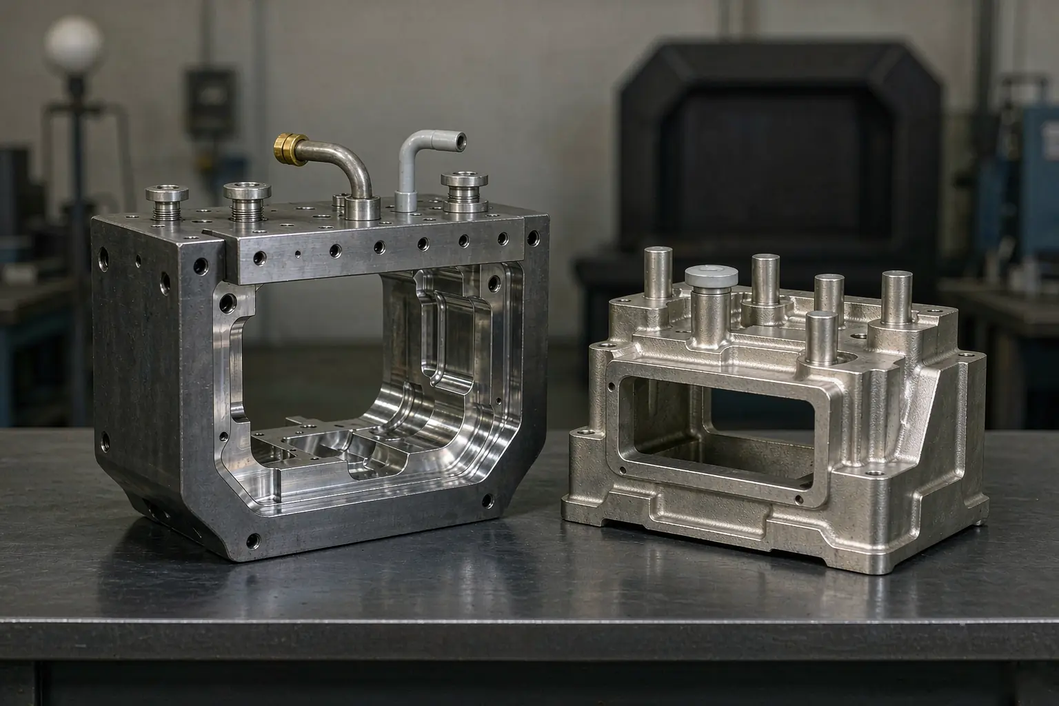 casting tooling cost comparison of a steel die casting mold half and an aluminum sand casting pattern on a workbench
