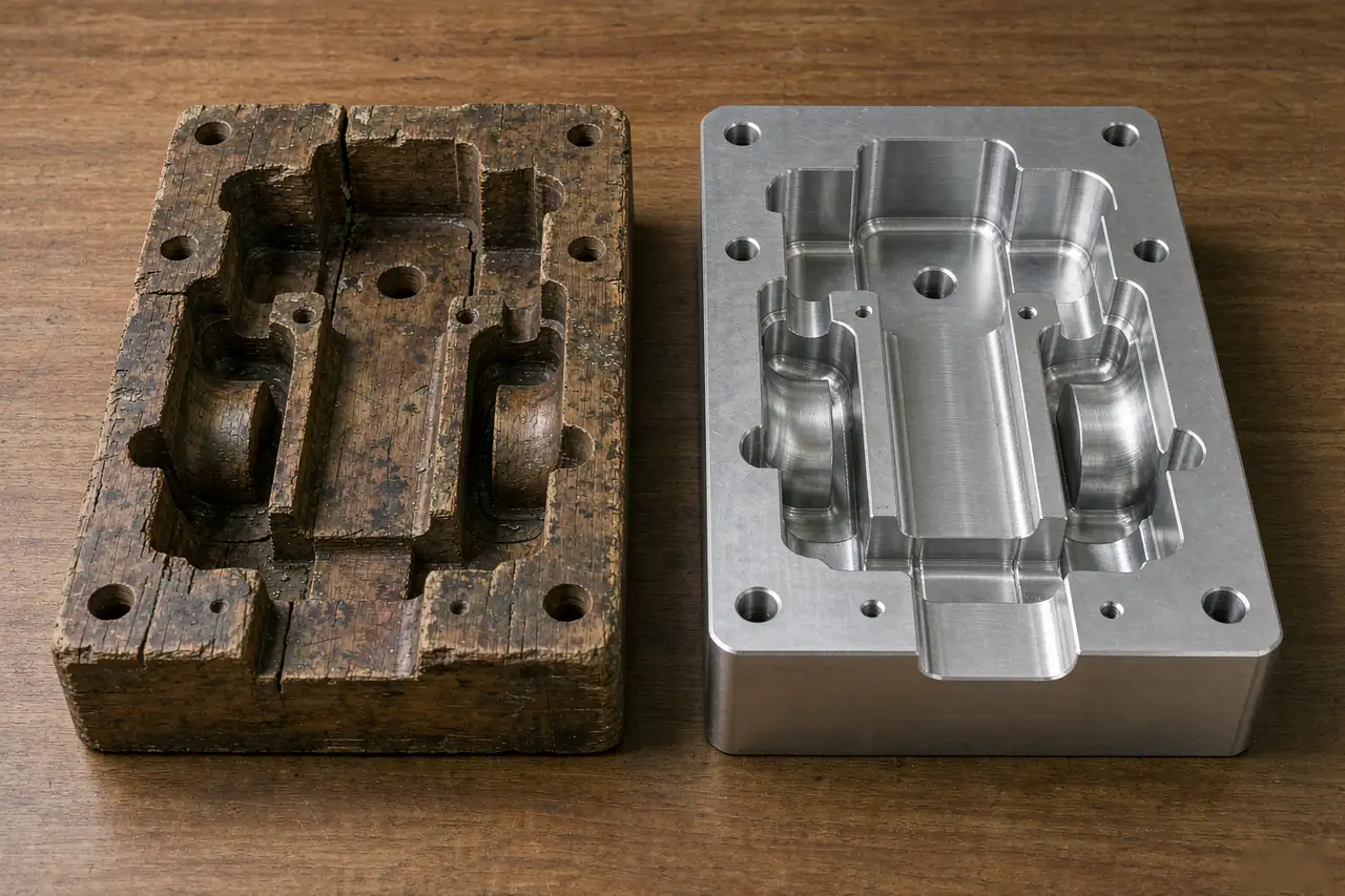 casting tooling cost illustration of a worn wooden sand casting pattern beside a machined aluminum pattern