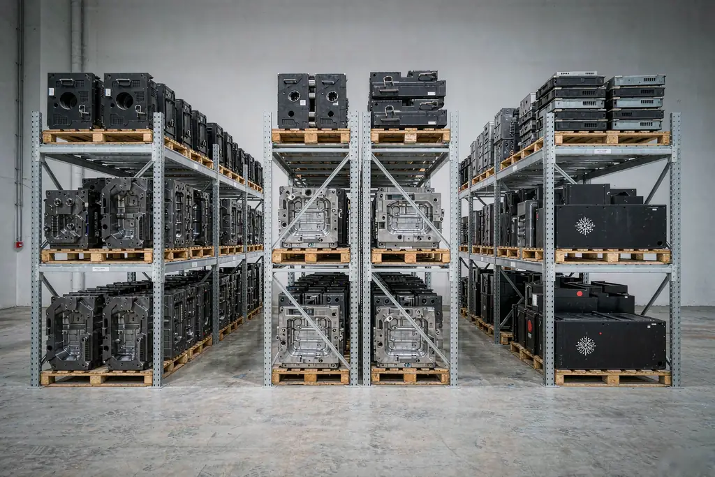 casting tooling cost view of machined aluminum casting molds and core boxes stored on industrial shelving