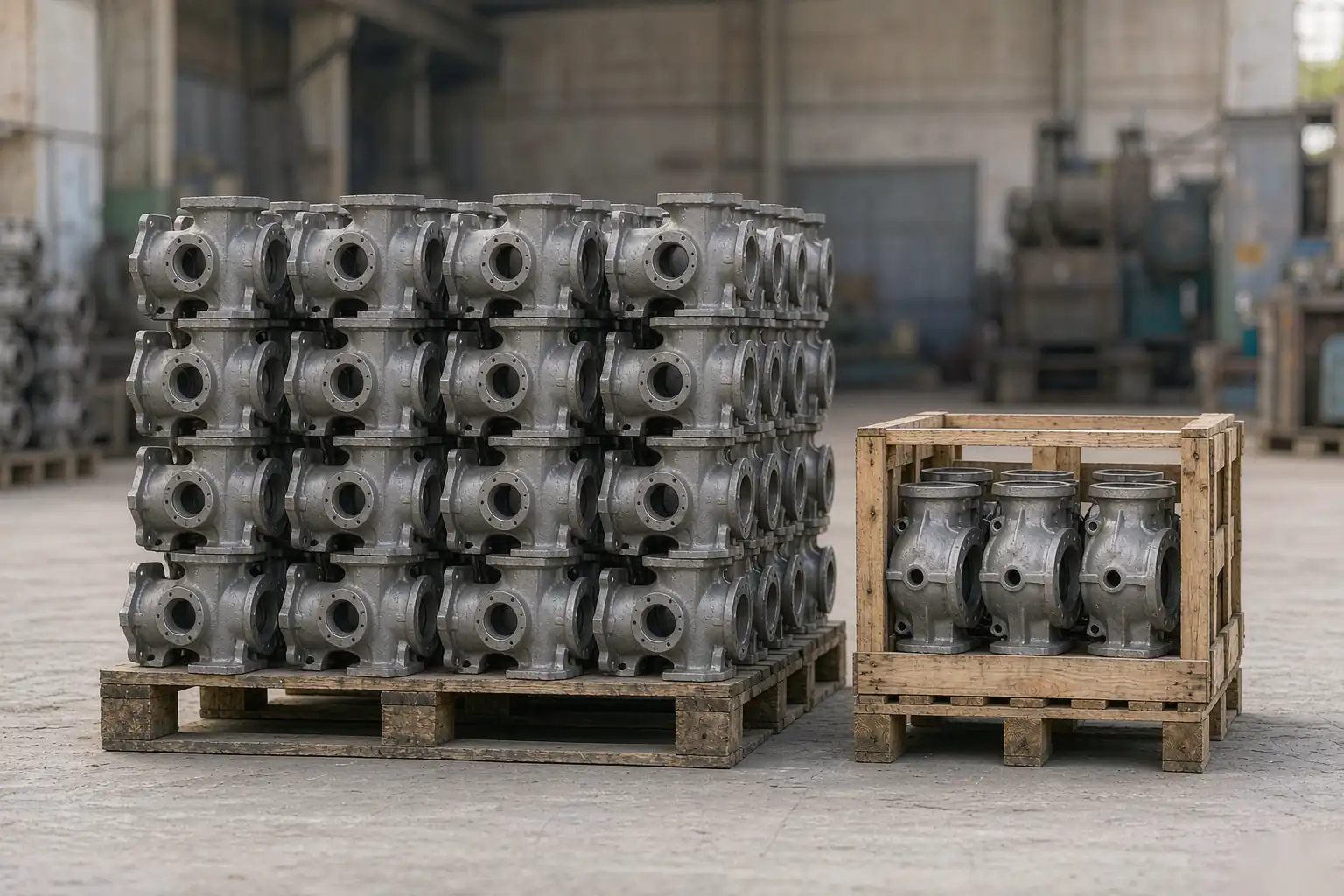 Casting minimum order quantity shown as a pallet of many identical gray iron pump housings beside a crate holding only a few