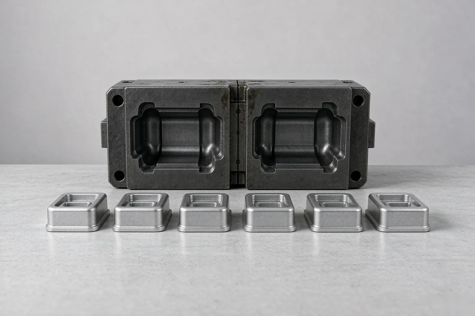 Casting minimum order quantity on a die casting cell: a two-cavity steel mould beside a row of identical aluminium castings