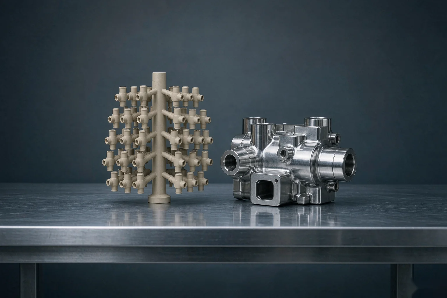 Casting minimum order quantity in investment casting: a wax tree holding many valve body patterns beside one finished stainless steel casting