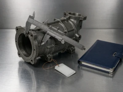 Casting supplier audit on an inspection bench: a gray iron pump housing being measured with a vernier caliper beside a closed document folder and a stamped inspection tag