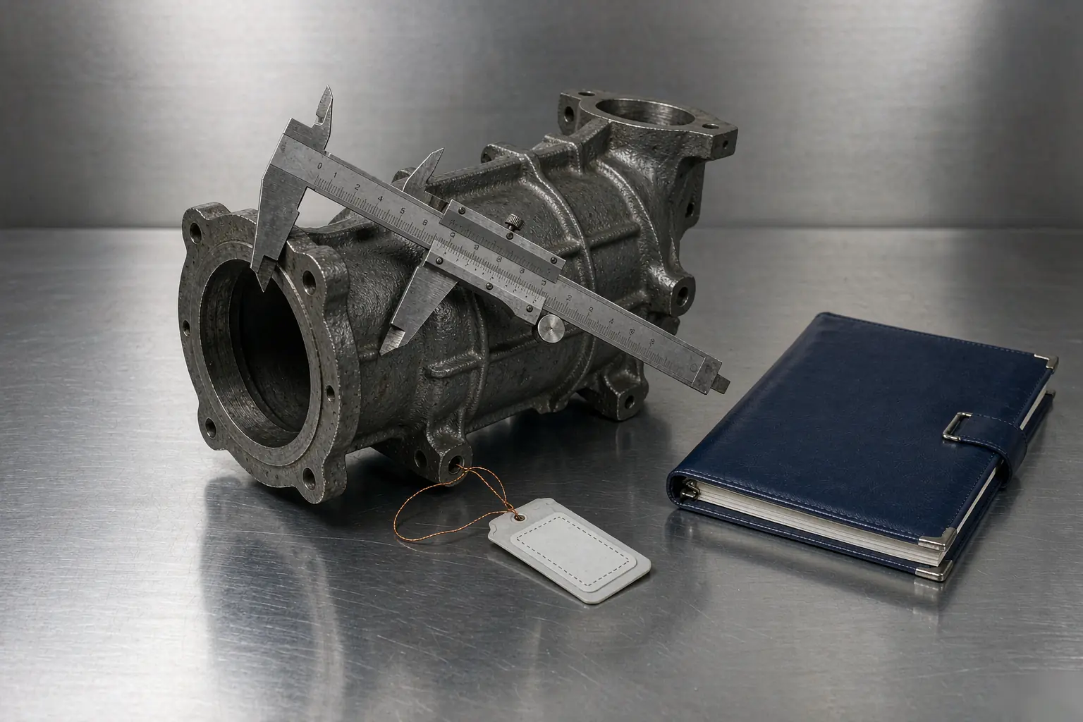 Casting supplier audit on an inspection bench: a gray iron pump housing being measured with a vernier caliper beside a closed document folder and a stamped inspection tag