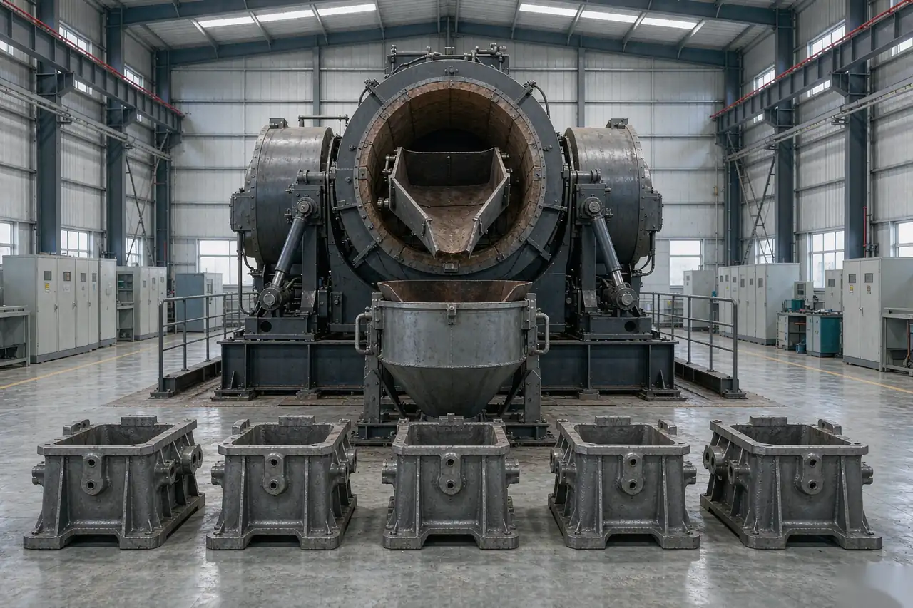 Casting supplier audit at the melting bay: an induction furnace with a ladle beneath the spout and a row of finished gray iron castings on the floor