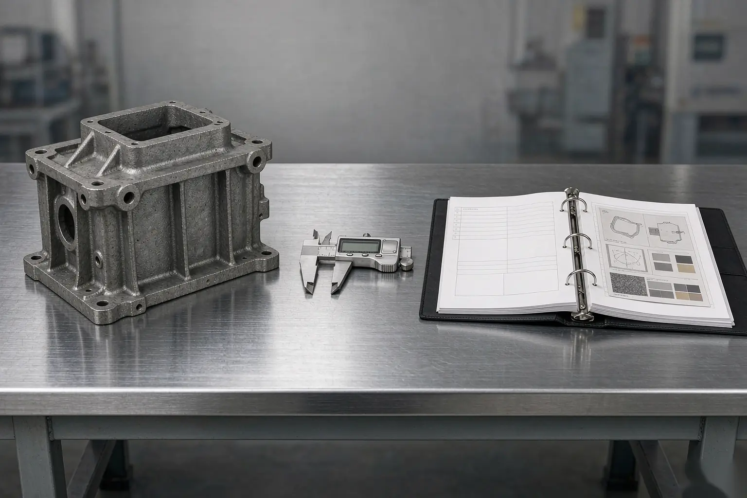 casting quality agreement documents with inspected casting and calipers on a bench