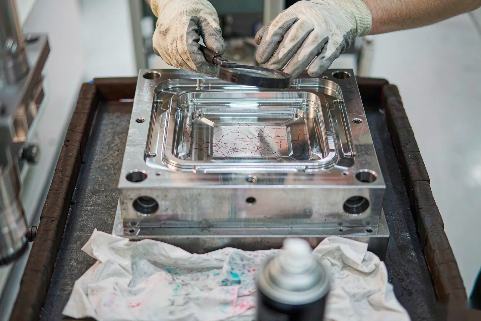 casting tooling maintenance: technician inspecting a steel die cavity face with dye penetrant and a magnifier