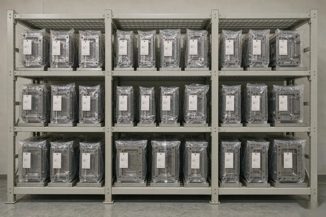 casting tooling maintenance: labelled tooling storage racks with dies wrapped and tagged with shot counters