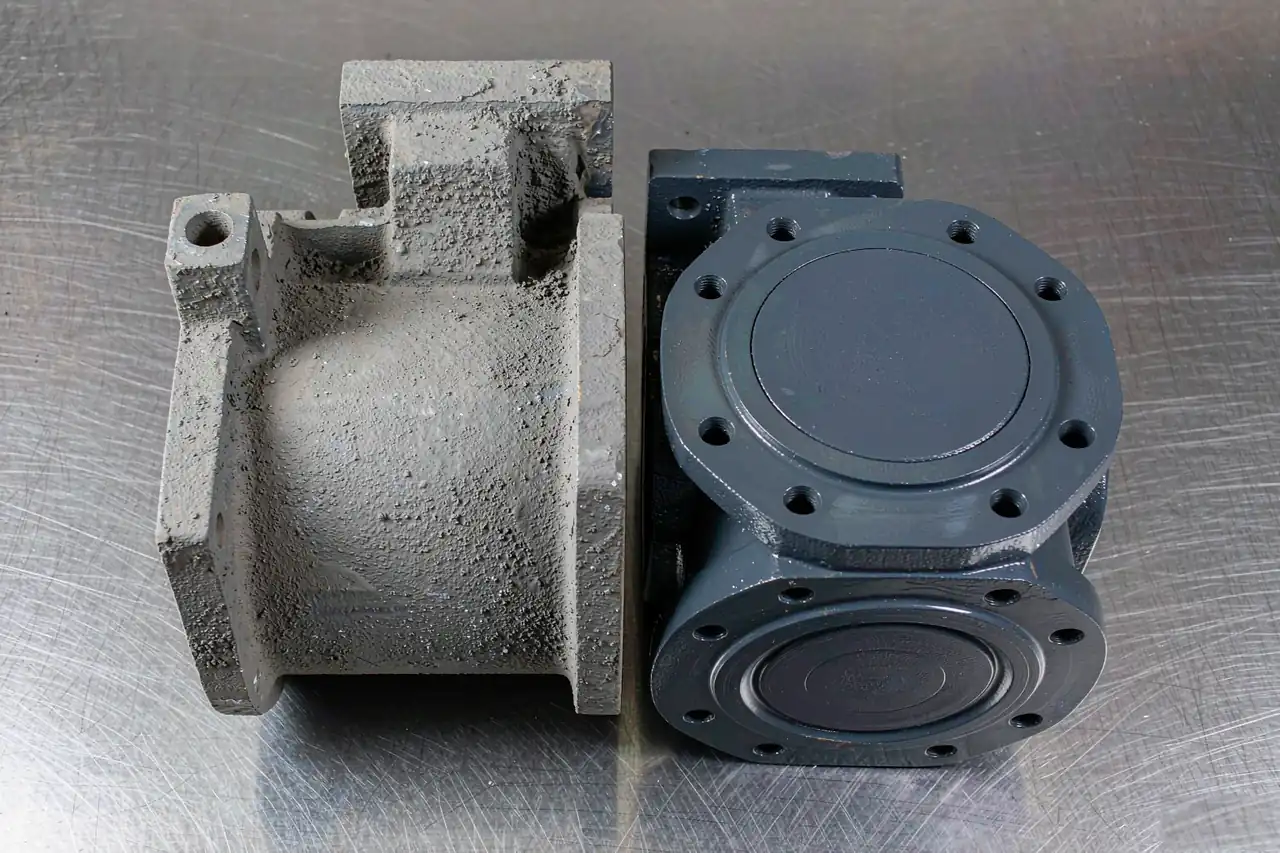 casting secondary operations — as-cast rough casting next to a fully machined and coated pump housing on a workshop bench