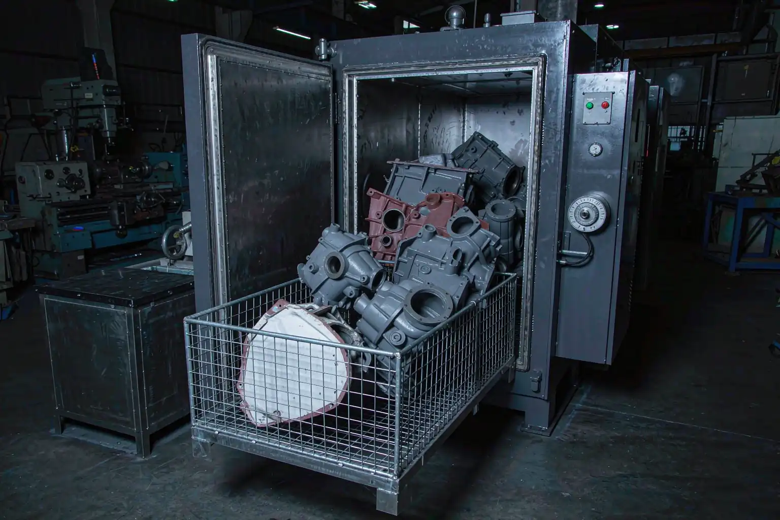 casting secondary operations — vacuum impregnation chamber loaded with a basket of castings