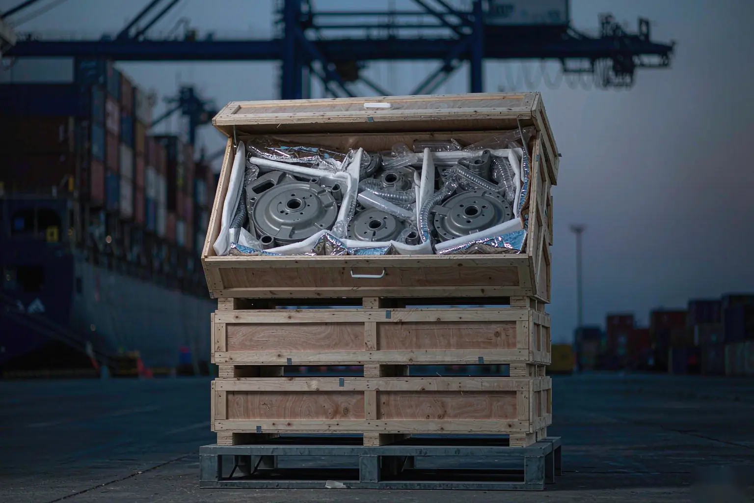casting import duty exposure at the port: crated iron castings on a pallet at a container terminal