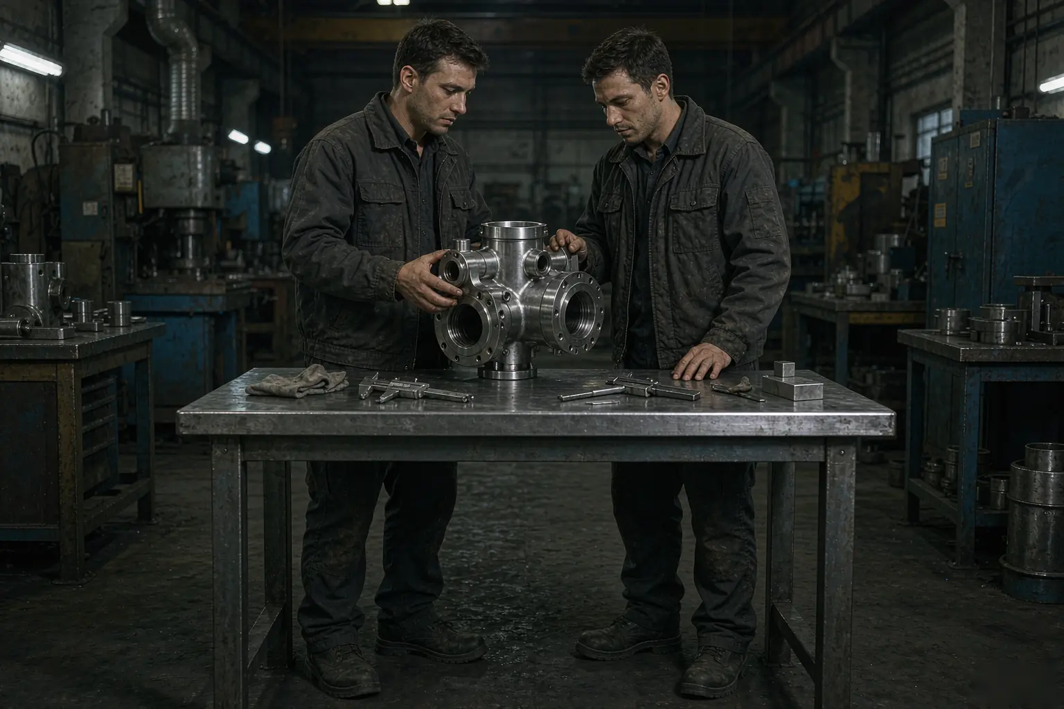 casting import duty review: two engineers examining a machined stainless valve body on an inspection bench