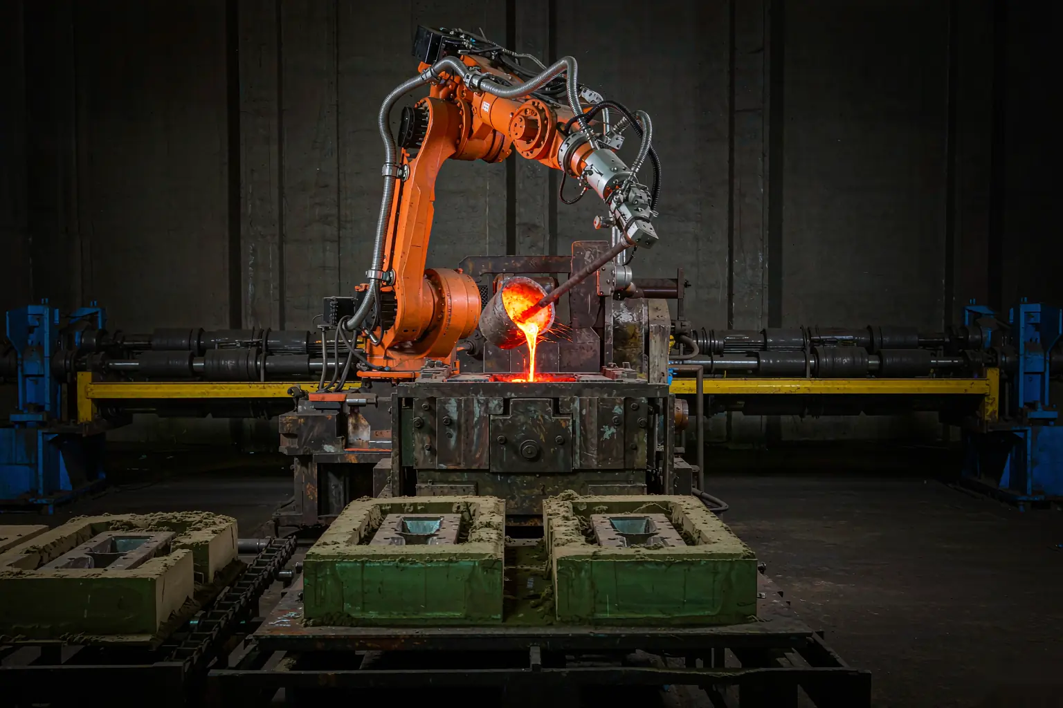 Foundry automation: robotic arm pouring molten iron into sand molds on an automated casting line