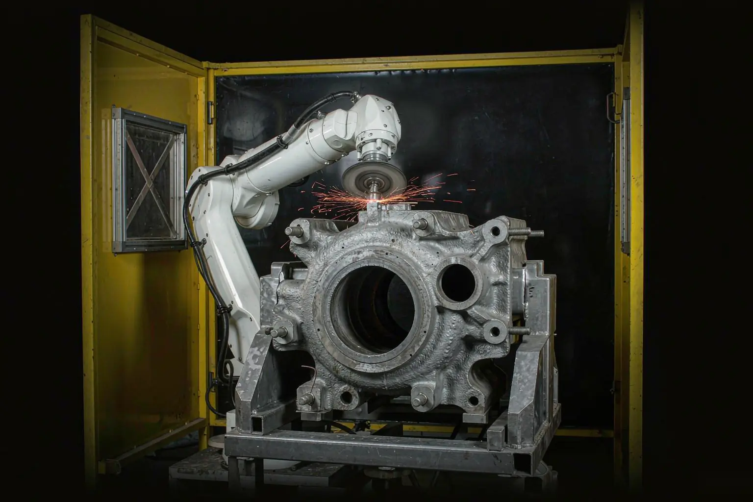 Foundry automation: robotic grinding cell finishing gray iron castings with consistent flash removal
