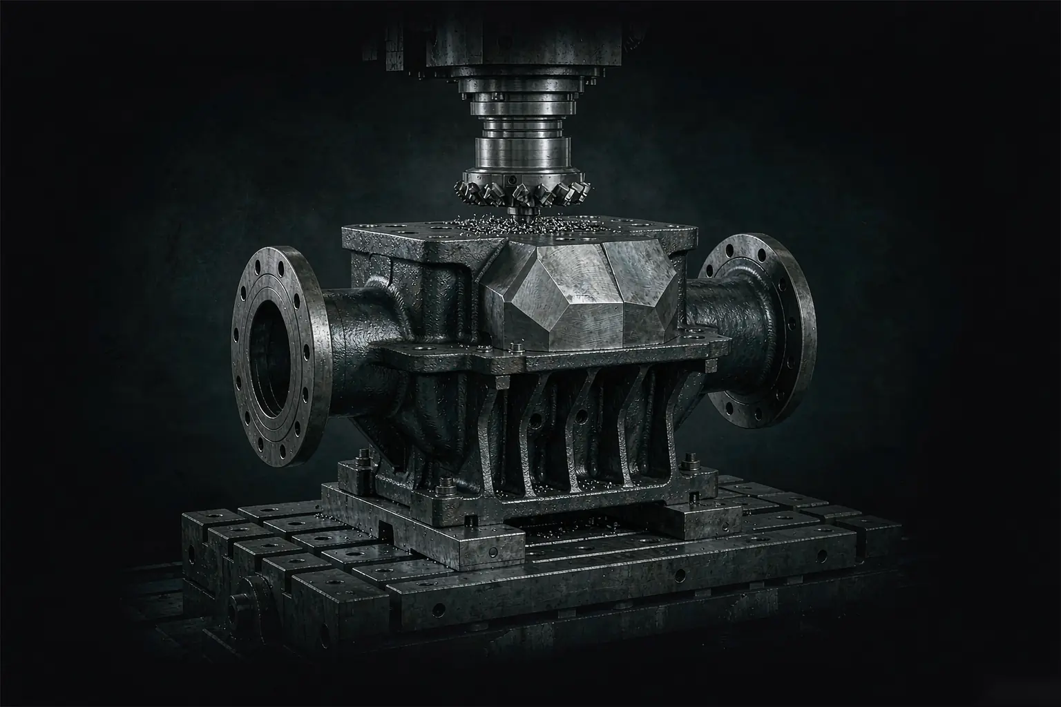 CNC machining centre cutting the sealing face of a cast iron pump housing