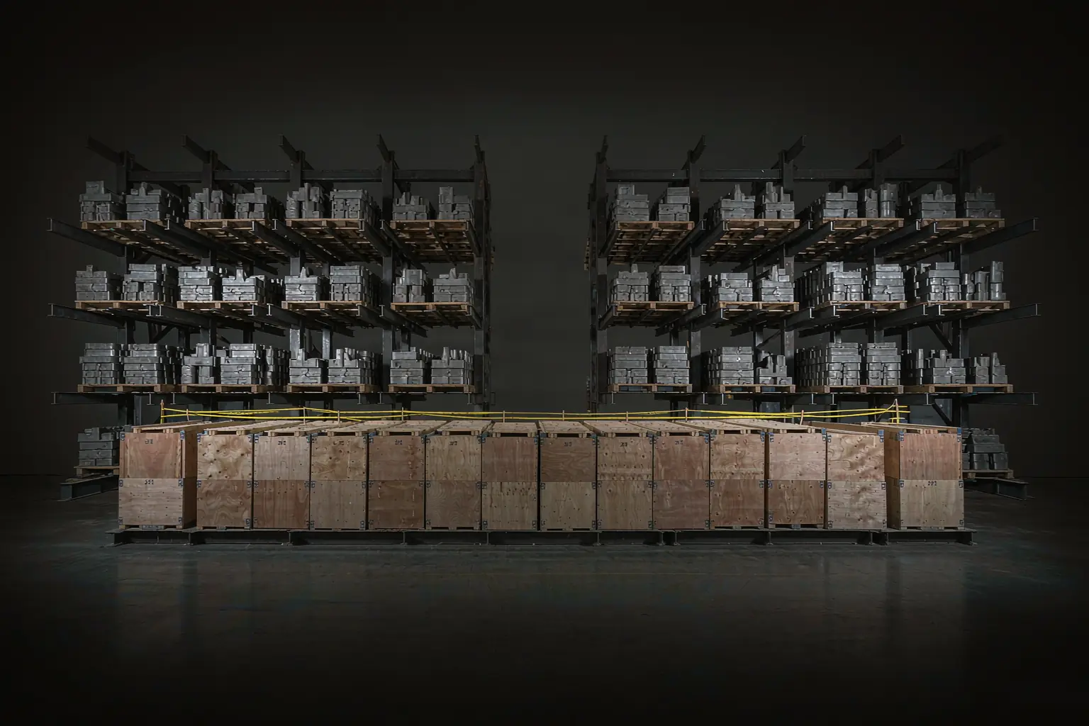 Palletised castings in warehouse racking beside export wooden crates