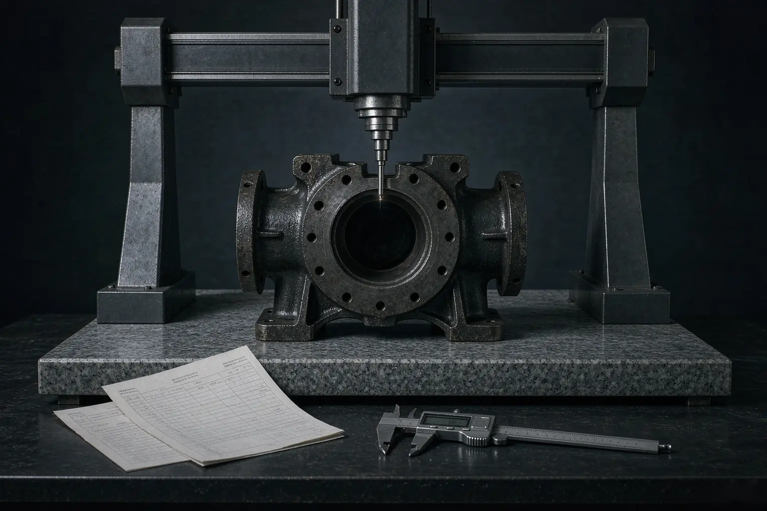 casting dual sourcing capability check — CMM probe measuring a bore in a ductile iron pump housing beside two inspection reports