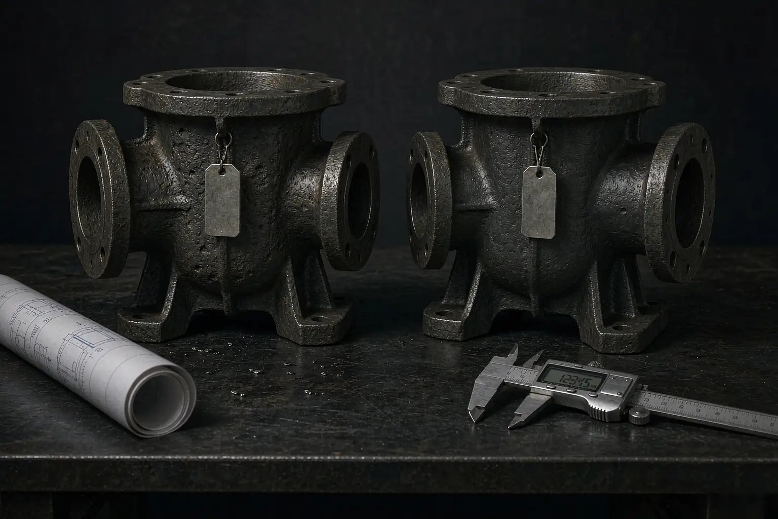 casting dual sourcing comparison of two identical ductile iron pump housings from different foundries on a dark workbench