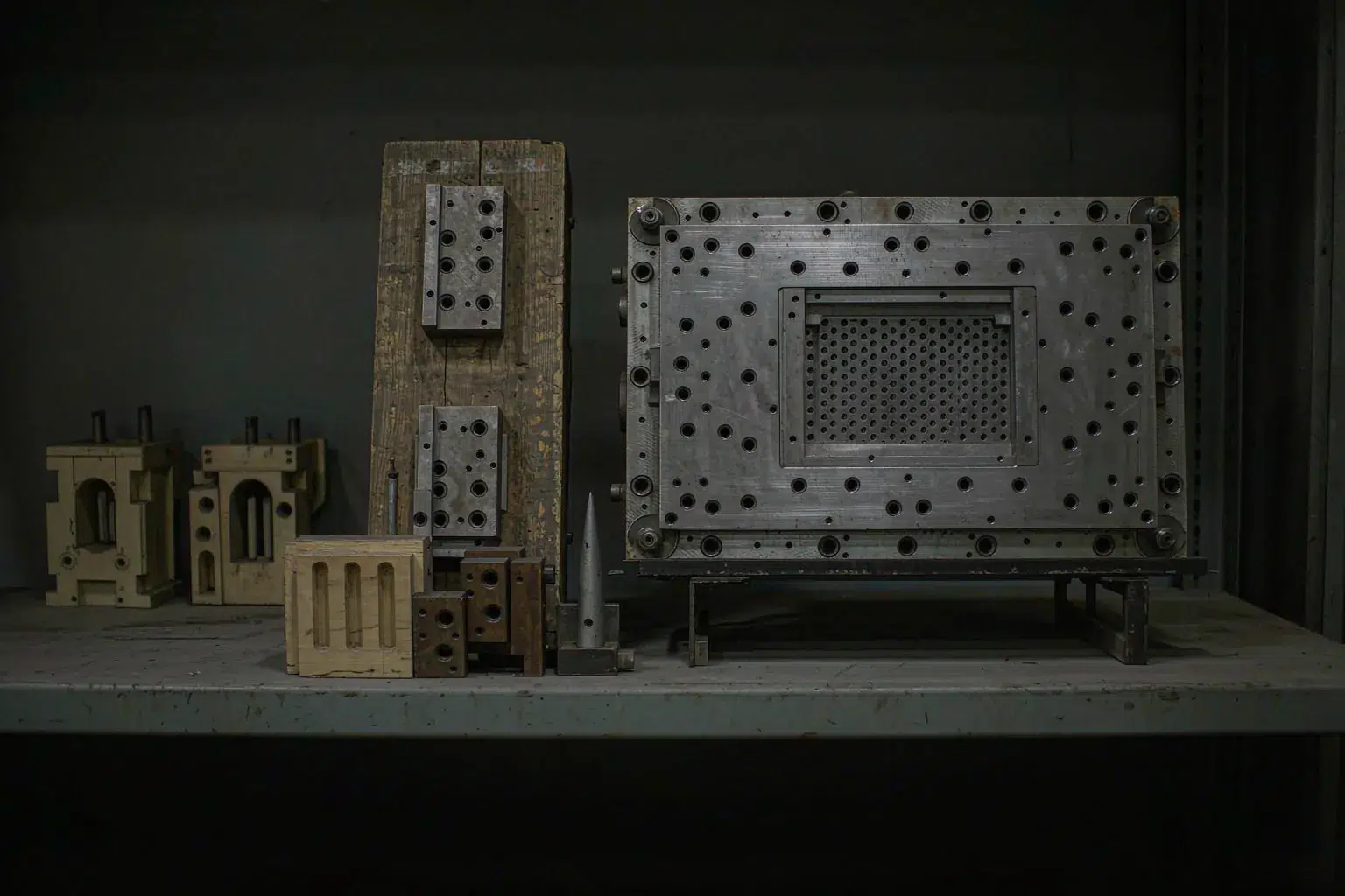 casting dual sourcing duplicate tooling — wooden and aluminium matchplate pattern sets stored side by side on a foundry tool room shelf