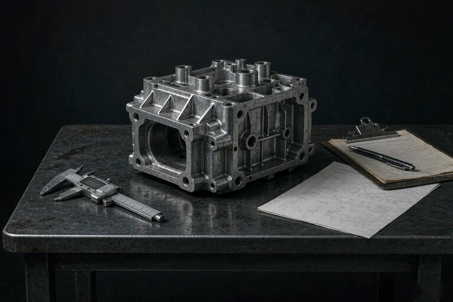 casting carbon footprint data review with emission report and cast aluminium housing on inspection table
