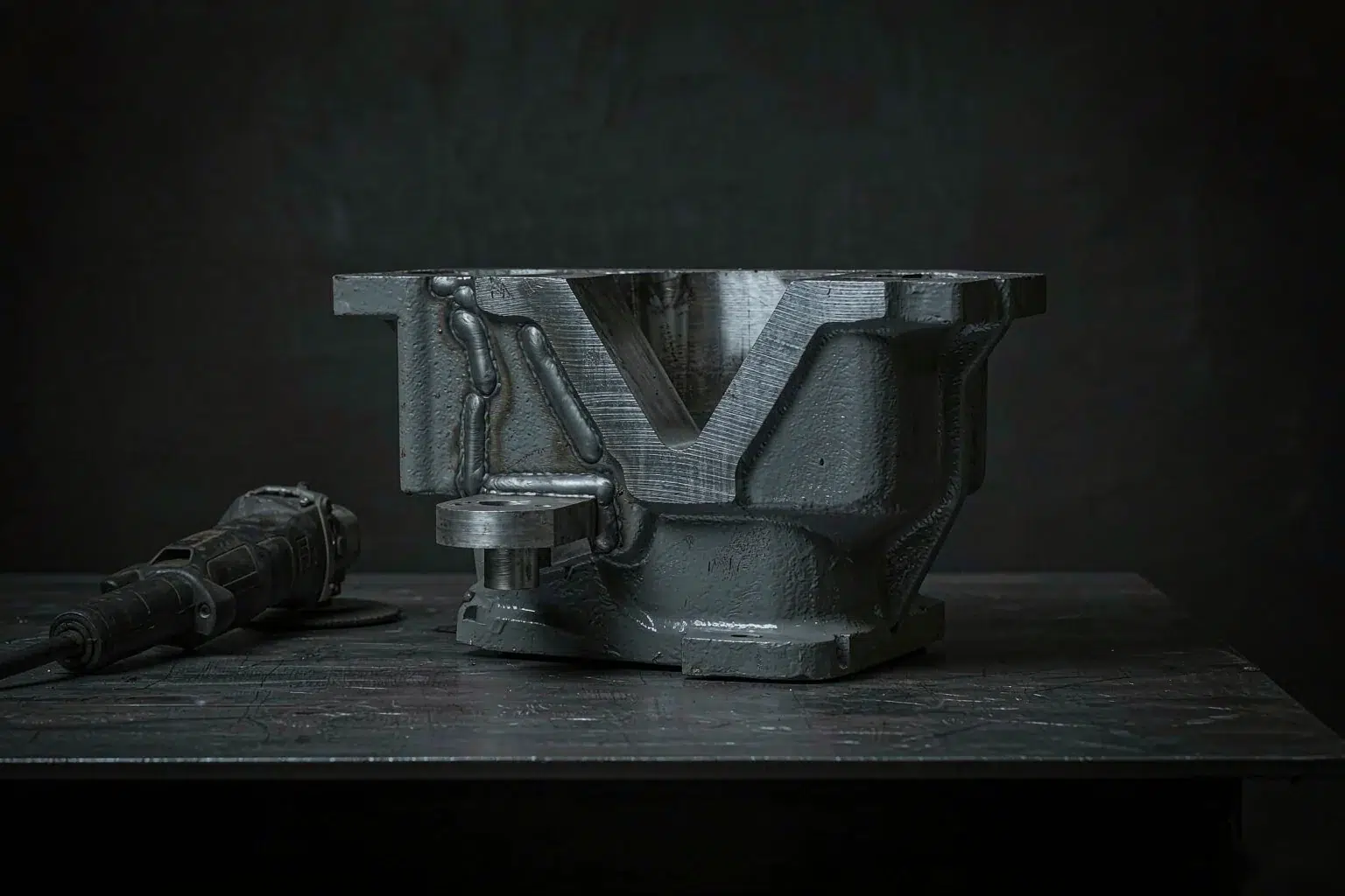 casting weld repair: V-groove excavation and weld beads on a boss of a heavy steel pump housing on a dark steel bench